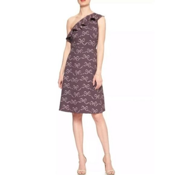 Banana Republic Factory NWT One Shoulder Ruffle Bow Print Fit & Flare Midi Dress - Picture 1 of 6